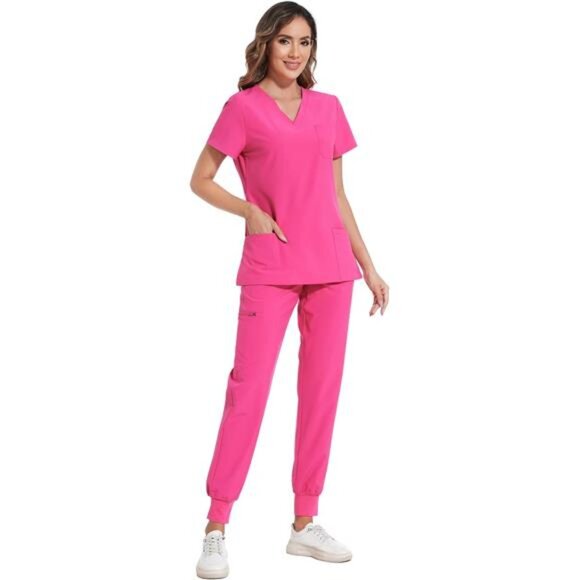 Scrubs for Women Set - Stretch V-Neck Scrub Top & Jogger Pant with 8 Pockets - Picture 3 of 7